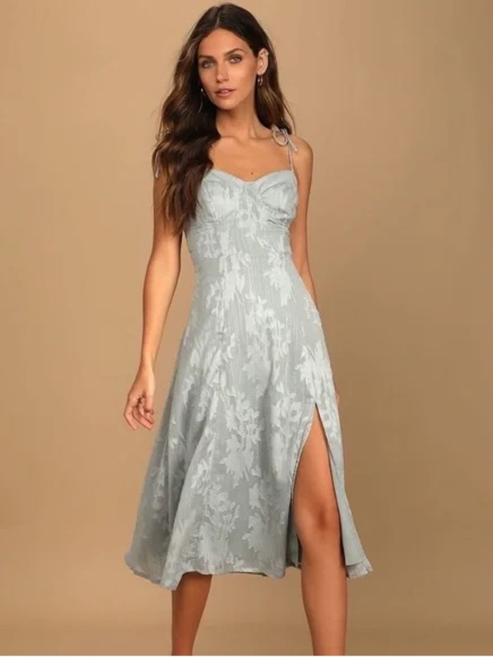 Lulus Loveliest Looks Dusty Blue Floral Jacquard Tie-Strap Midi Dress size M